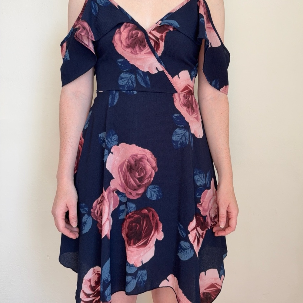 Charlotte Russe Navy and Pink Asymmetrical Sundress Cold Shoulder